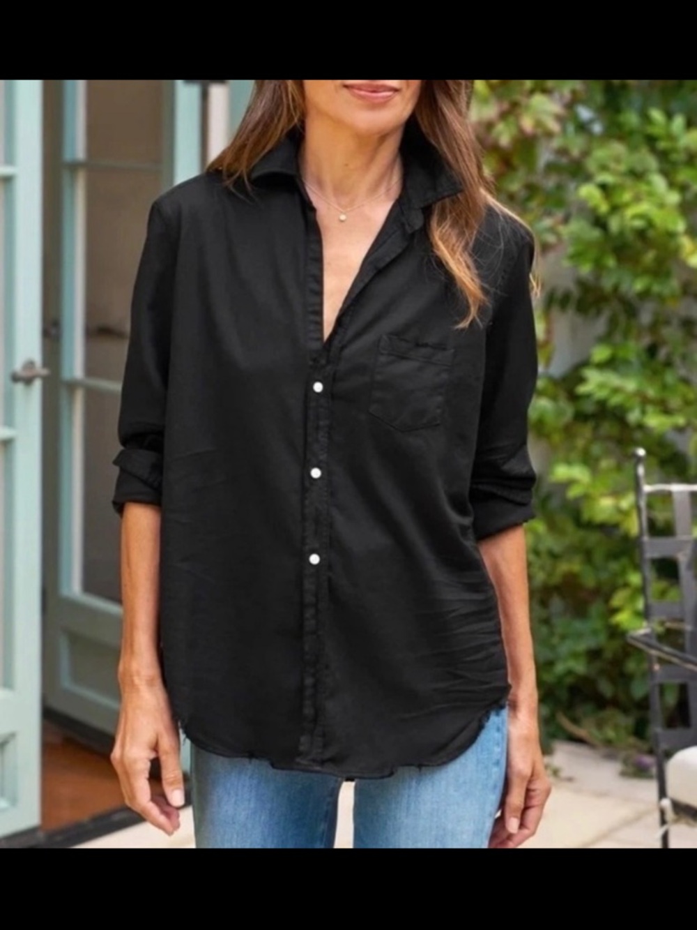 EUC Frank & Eileen EILEEN Shirt Sz  S Cotton Black Quiet Luxury Distressed Hem